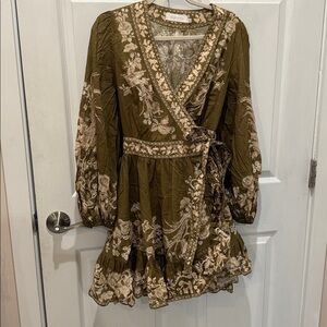 Zimmermann Olive Green Anneke Wrap Mini Dress with Cream Embroidery